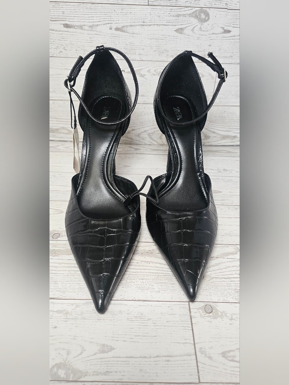 NWT Zara Black Mock Croc Ankle Strap Stiletto Pumps Pointed Toe Heels Size US 8